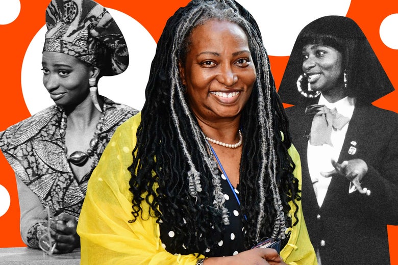 Three portraits of Ellen Cleghorne, one of her wearing a headdress and patterned dress, another of her dressed as a page, in the early 90s, and center, of her wearing a yellow shawl with her hair in locs, 2018.